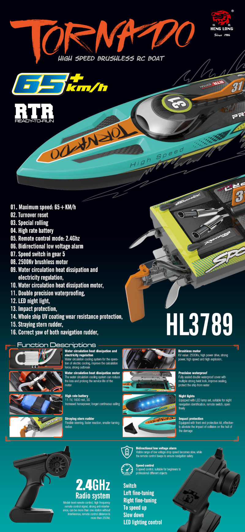 RC Racing Boot "HL Tornado" Brushless Motor, ESC, Servo, 65 km/h - mit Lipo und 2,4Ghz-17250